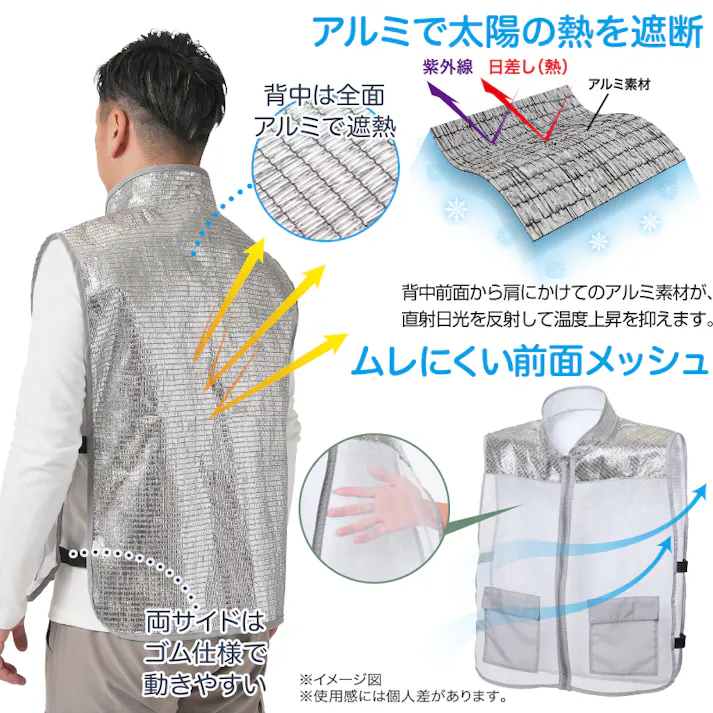 【アルミ遮熱ベスト 男女兼用】 ちあふる 驚異のマイナス10℃遮熱効果。アルミ素材が直射日光を反射し背中のジリジリ熱をカット。前面メッシュでムレにくく快適。首筋からお尻まで守るロング丈。農作業、工事現場、キャンプの熱中症対策に。ポケット付き 作業着 遮熱ウェア JAN:4571414695664