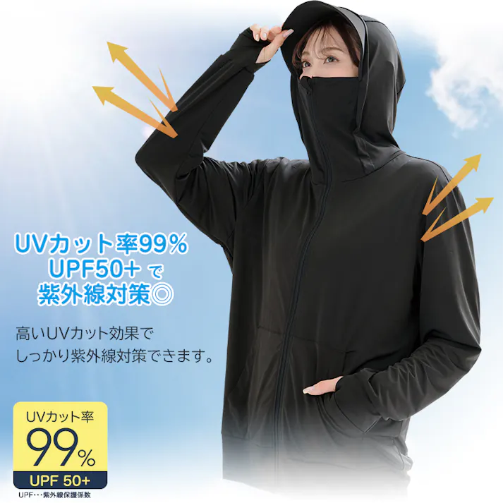 【UV&クール顔までガードパーカー ブラック L-LL お得な2枚セット】 ちあふる UVカット率99%&UPF50+。顔から手の甲まで徹底ガード。冷感生地で快適。洗い替えまとめ買いセット。 JAN:4571414695589