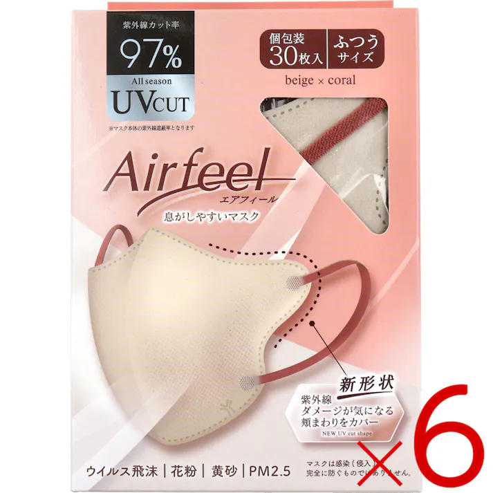 【6点まとめ買い】エアフィール立体マスク ふつうサイズ ベージュ×コーラル 30枚入 ×6点【送料込み】 #4979773320416