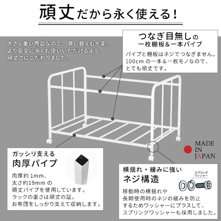 布団 収納 ラック 頑丈 ロータイプ 棚1段 布団ラック 日本製 ふとん収納 布団 収納 ラック ウォークインクローゼット 整理棚 ふとん 収納 布団 干し すのこ 隙間収納 清潔 押入れ 収納 キャスター 川口工器 日本製 燕三条 21914【YO-914】