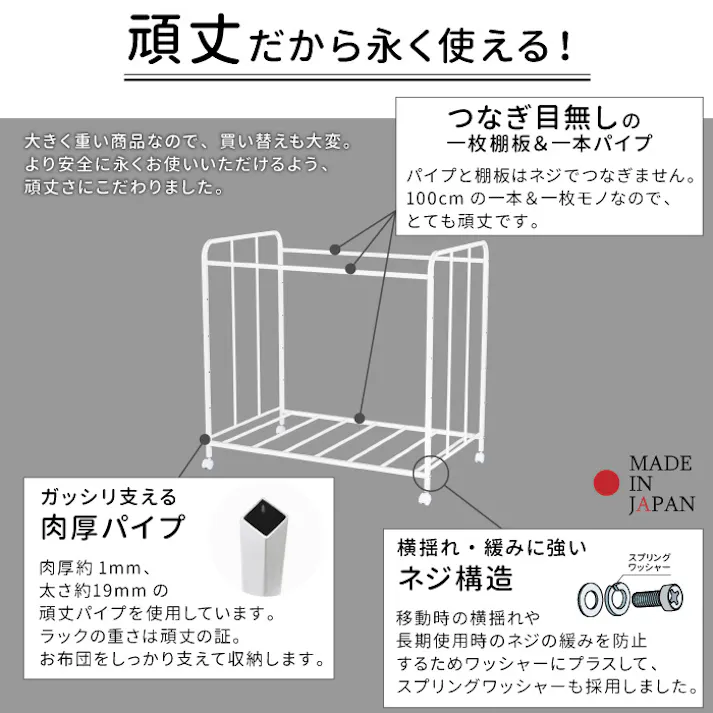 布団 収納 ラック 頑丈 ハイタイプ 棚1段 日本製 キャスター付き ふとん収納 布団 収納 ラック ウォークインクローゼット 整理棚 ふとん 収納 布団 干し すのこ 隙間収納 清潔 押入れ収納 キャスター 川口工器 燕三条 21916【YO-916】