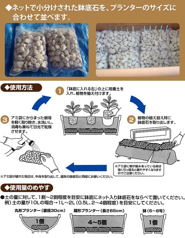 鉢底に入れる石 Mサイズ 鉢底石 根腐れ防止 ネット入り分包 [自然応用