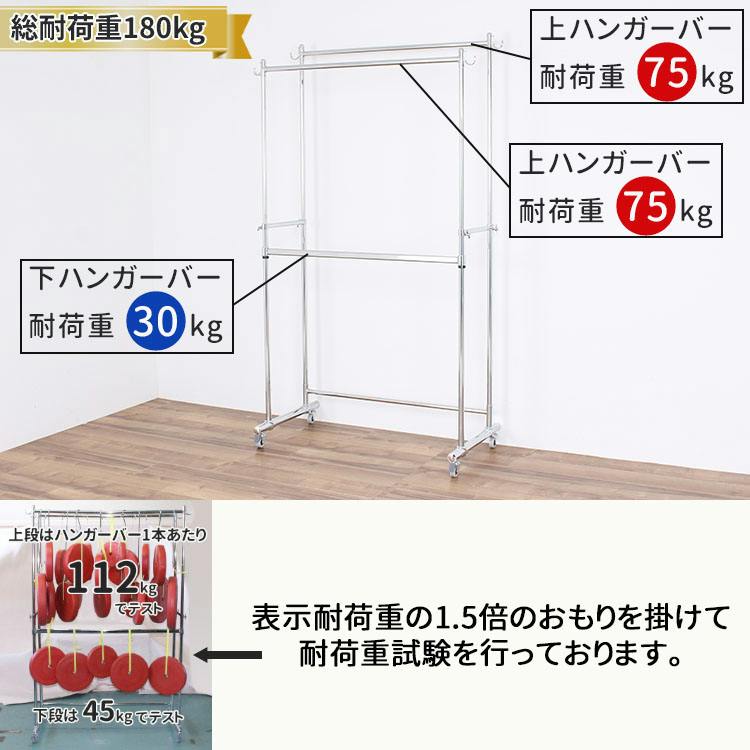 頑丈 ダブル ハンガーラック 幅110cm 総耐荷重180kg キャスター付き