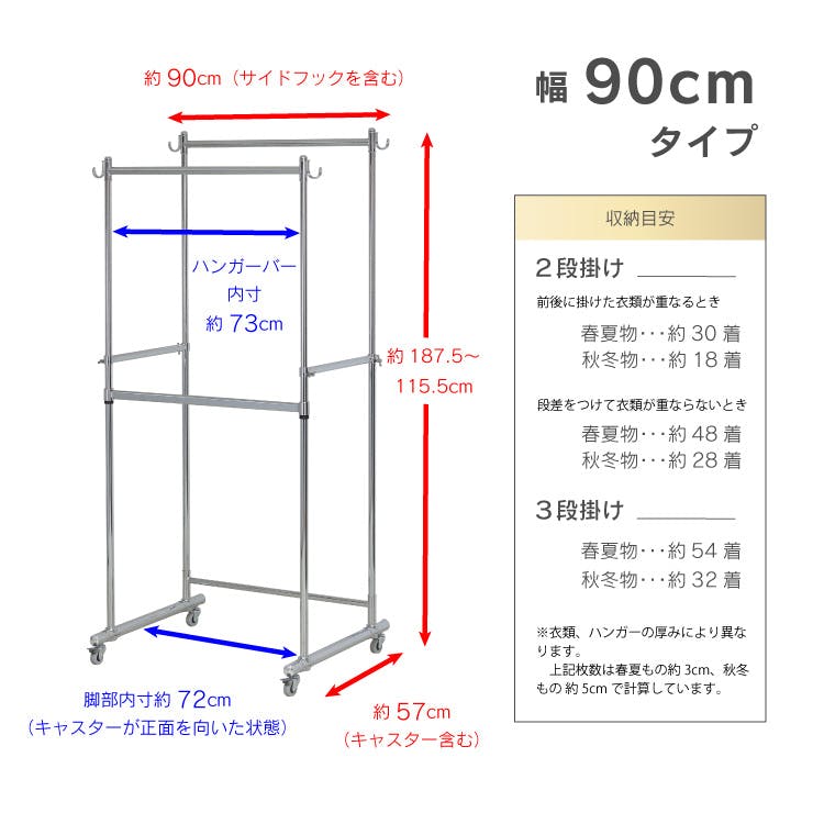 頑丈 ダブル ハンガーラック 幅90cm 総耐荷重180kg キャスター付き