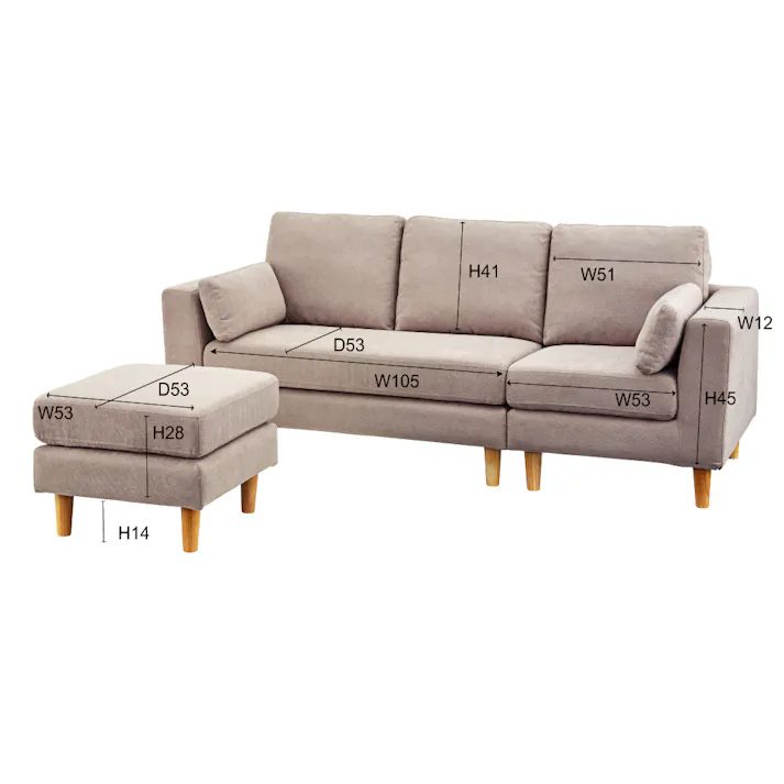 トルエ ソファ(オットマン付き) /色:ベージュ / 幅190×奥行80/134×高さ82×座面高42cm ねじ込み式 【送料込み】