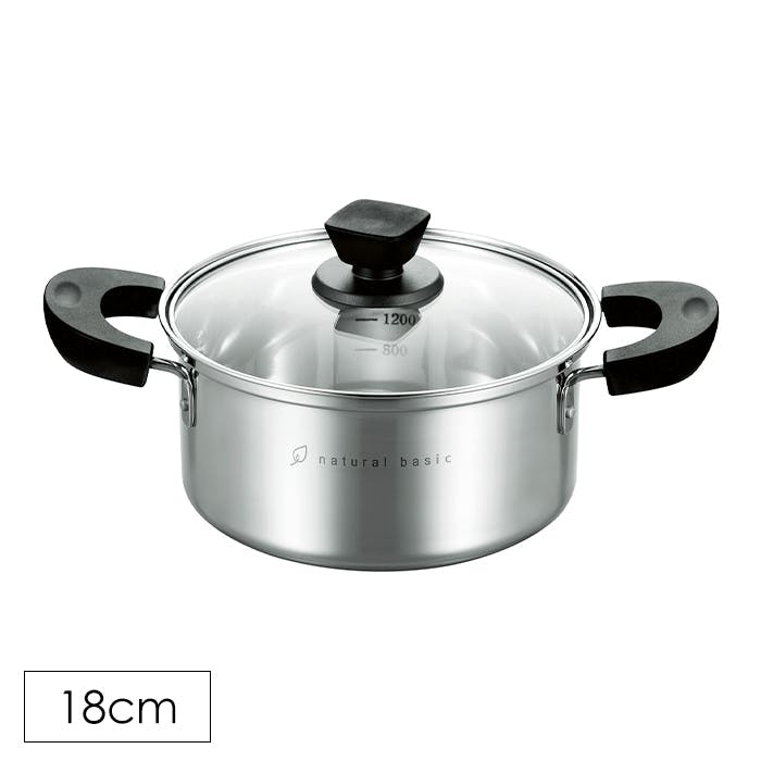両手鍋 18cm シンプル ガラス蓋付き ガス火 IH対応 お手入れ簡単 ステンレス 目盛付き 強化ガラス 保温性 オール熱源対応