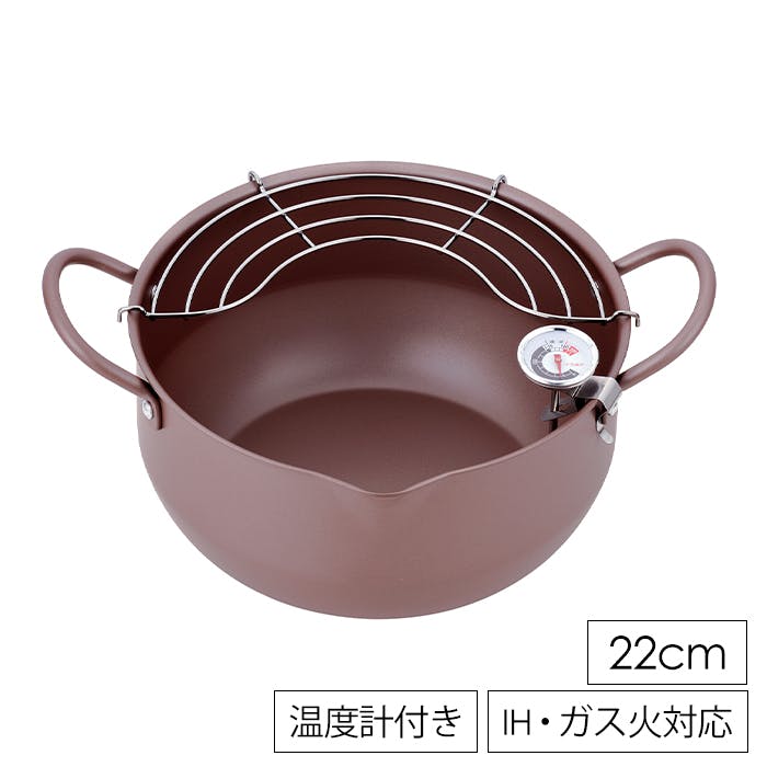 天ぷら鍋 22cm 深型 両手鍋 アミ付き ガス火 IH対応 温度計 注ぎ口付き 日本製 オール熱源対応 揚げ物鍋 温度計