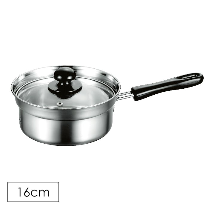 片手鍋 16cm シンプル ラーメン ガラス蓋付き ガス火 IH対応 お手入れ簡単 ステンレス 強化ガラス オール熱源対応 内面ミラー仕上げ