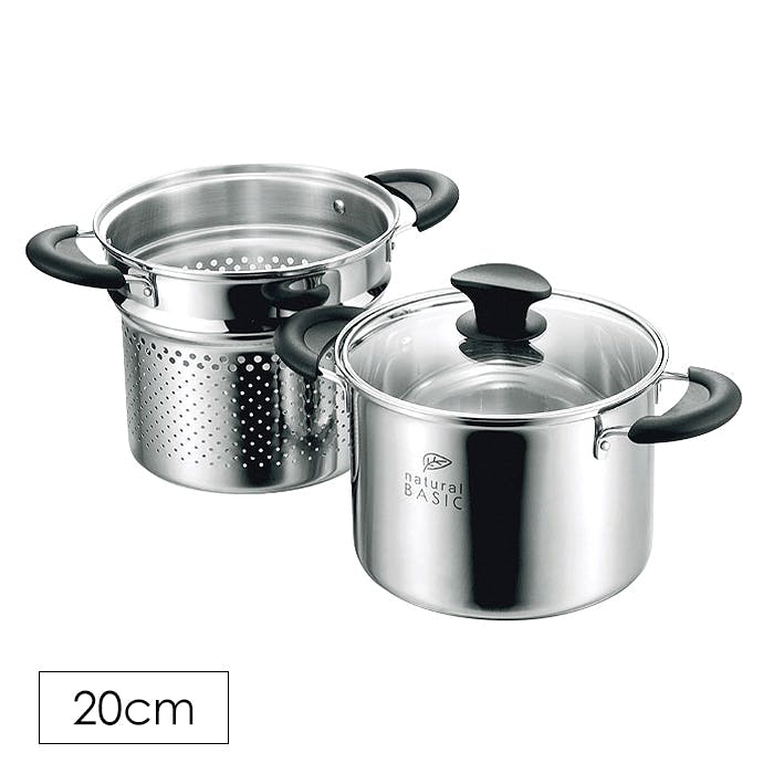 パスタポット 20cm シンプル ガラス蓋付き ガス火 IH対応 パスタ鍋 鍋 パスタ ステンレス 強化ガラス オール熱源対応 湯切り