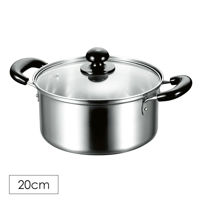両手鍋 20cm シンプル ガラス蓋付き ガス火 IH対応 お手入れ簡単 ステンレス 強化ガラス オール熱源対応 内面ミラー仕上げ