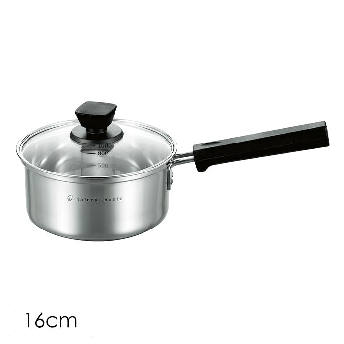 片手鍋 16cm シンプル ガラス蓋付き ガス火 IH対応 お手入れ簡単 ステンレス 目盛付き 強化ガラス 保温性 オール熱源対応