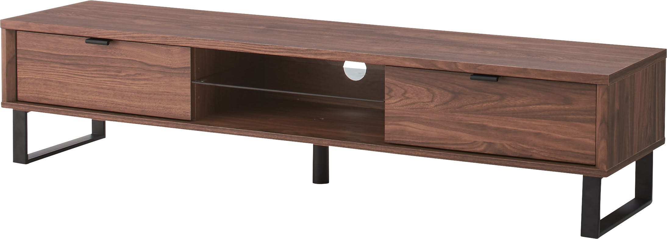 ローボード　／色：ブラウン　／　幅150×奥行35×高さ34cm　／　ローボード テレビ台 TV台 テレビボード テレビ置き AVボード 収納付き リビング収納 引き出し ガラス棚 幅150cm コンセント穴付き 北欧 ナチュラル シンプル 清潔感　組立式 【送料込み】