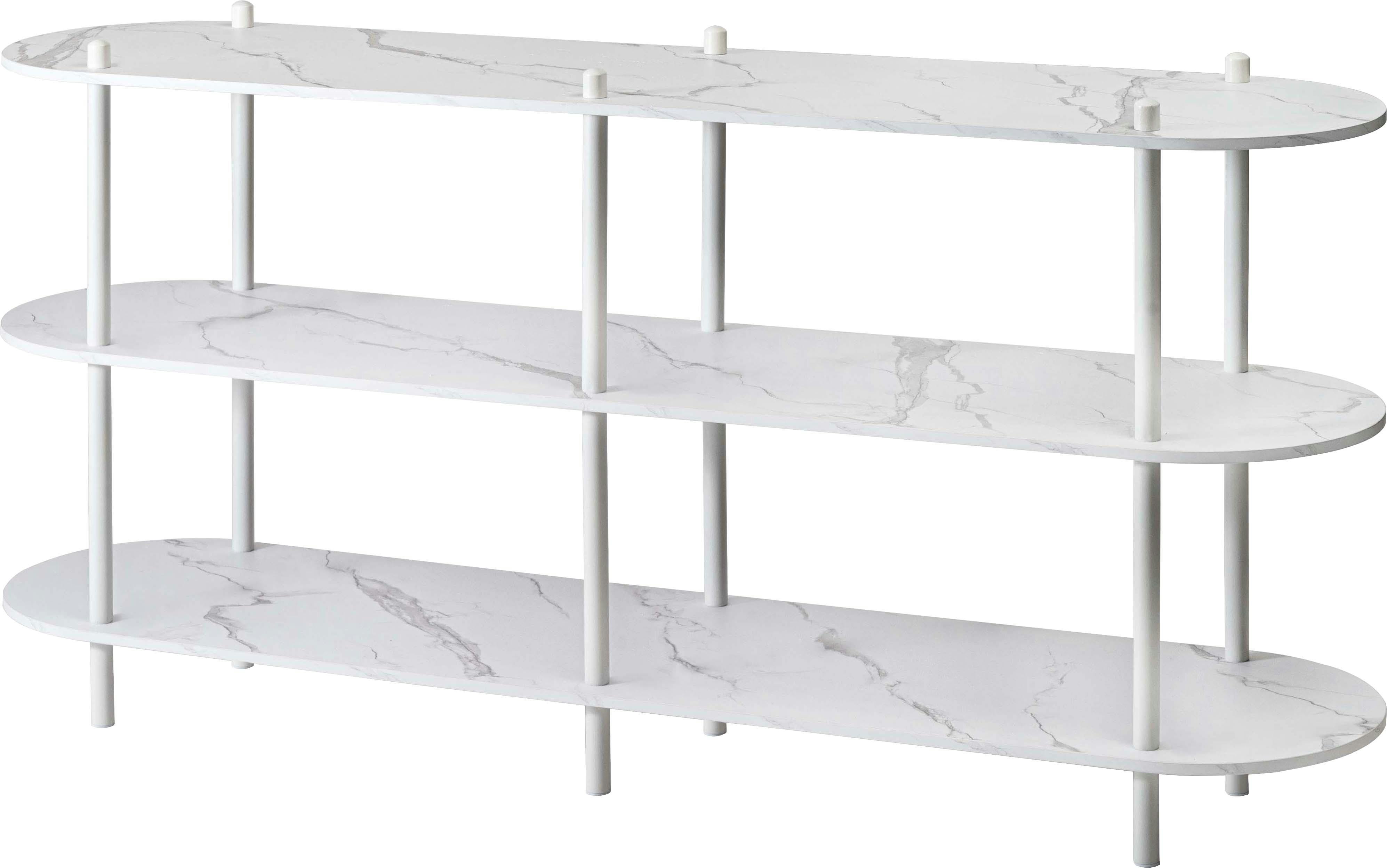 オープンラック3段　／色：ホワイト　／　幅155×奥行38×高さ76cm　／　オープンラック ラック 収納棚 ディスプレイラック 大理石調 石目調 3段 シック モダン 白 ホワイト 楕円形 ストーン柄 リビング 見せる収納 スチール脚　ねじこみ式 【送料込み】