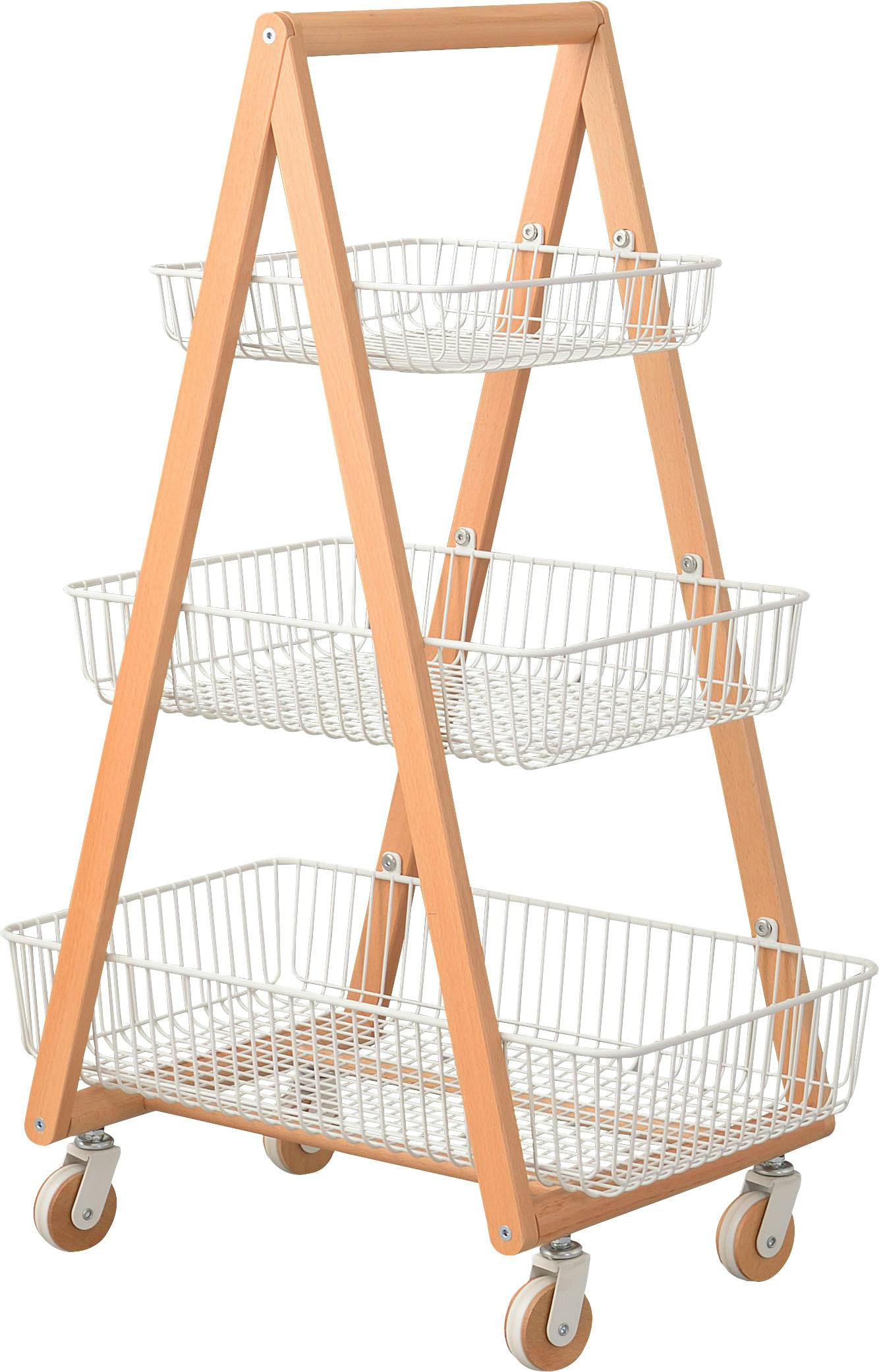 バスケットワゴン　／色：ホワイト　／　幅55×奥行35.5×高さ86.5cm　／　 キッチンワゴン ガーデンプランター フェイクグリーン 植物 観葉植物 天然木 木製 スチール 北欧 ナチュラル シンプル キャスター テーブルサイド ラック 棚 　組立式 【送料込み】