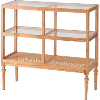 オープンシェルフ /色:ナチュラル / 幅80×奥行30×高さ75cm / 収納 棚 シェルフ オープン収納 3段 三段 見せる収納 魅せる収納 木製 天然木 ミンディ ラタン 籐 幅80cm 高さ75cm ガラス クリア 透明 ターンドレッグ ろくろ脚 完成品 【送料込み】