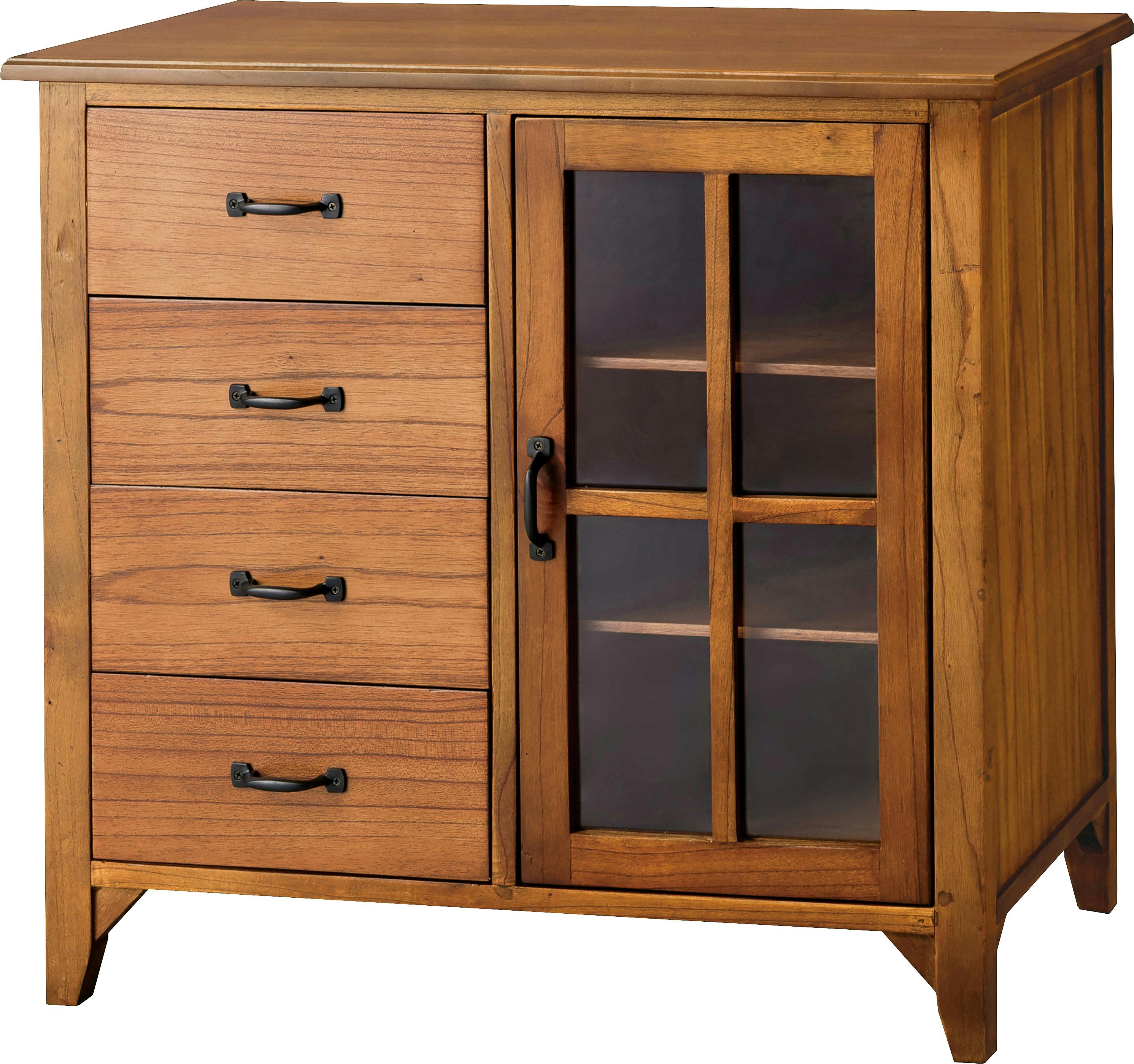 ティンバー キャビネット　／色：ブラウン　／　幅80×奥行40×高さ75cm　／　キャビネット ミンディ材 天然木 アンティーク スリム 省スペース 小さめ 黒アイアン ブラウン 収納 扉付き 棚付き 引き出し付き ガラス扉 おしゃれ 模様替え 　完成品 【送料込み】