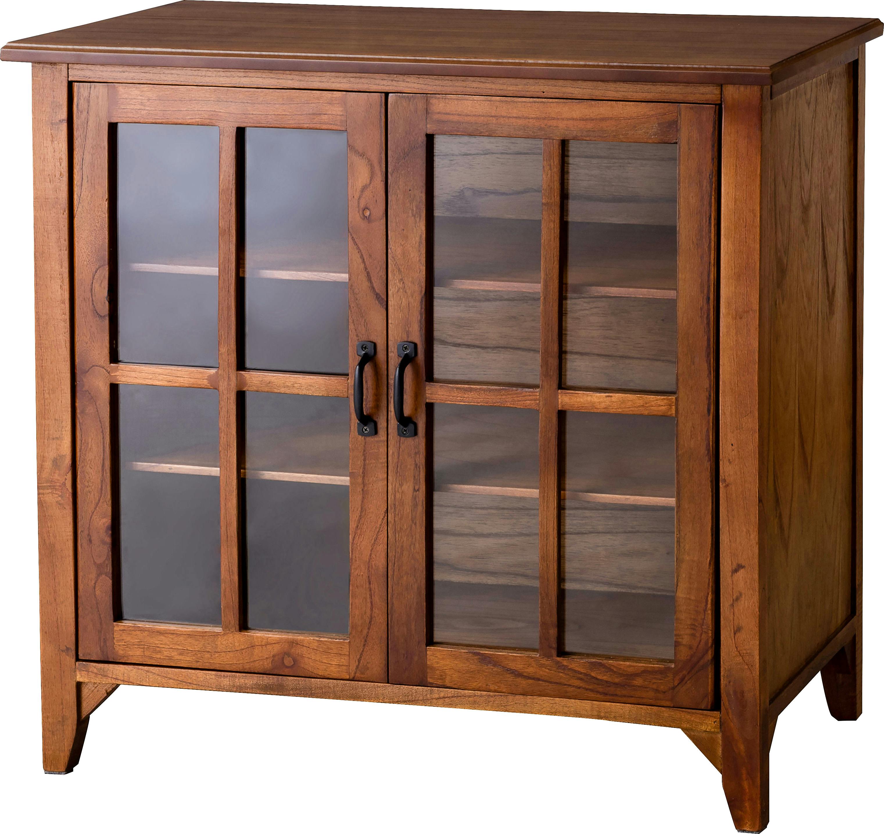 ティンバー キャビネット　／色：ブラウン　／　幅80×奥行40×高さ75cm　／　キャビネット ミンディ材 天然木 アンティーク スリム 省スペース 小さめ 黒アイアン ブラウン 収納 扉付き 棚付き ガラス扉 おしゃれ 模様替え 　完成品 【送料込み】