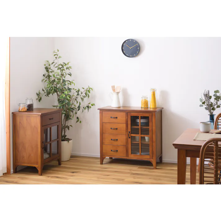 ティンバー キャビネット /色:ブラウン / 幅80×奥行40×高さ75cm / キャビネット ミンディ材 天然木 アンティーク スリム 省スペース 小さめ 黒アイアン ブラウン 収納 扉付き 棚付き ガラス扉 おしゃれ 模様替え 完成品 【送料込み】