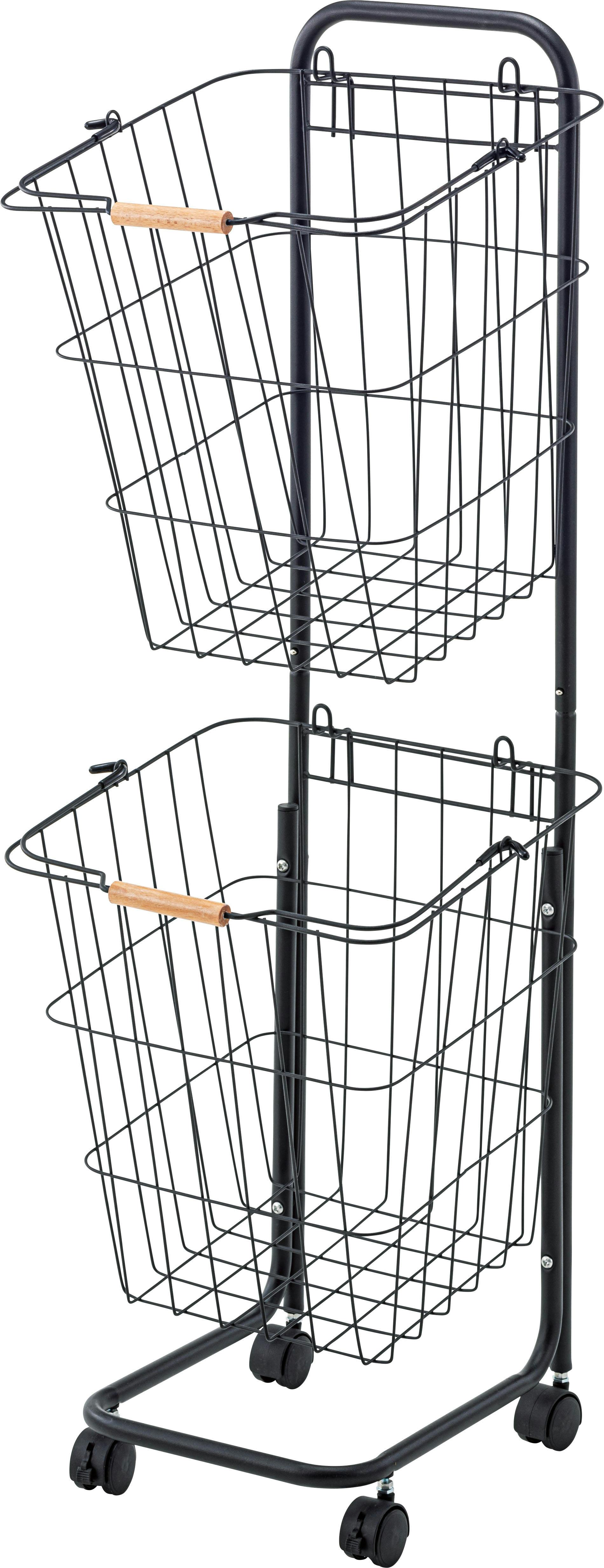 バスケットワゴン　／色：ブラック　／　幅37×奥行40×高さ107cm　／　バスケットワゴン バスケット ランドリーワゴン 洗濯かご 洗濯物入れ 省スペース スリム キャスター付き スクエア型 収納 取り外し スタッキング可能 シンプル 清潔感 おしゃれ ブラック ホワイト 　組立式 【送料込み】