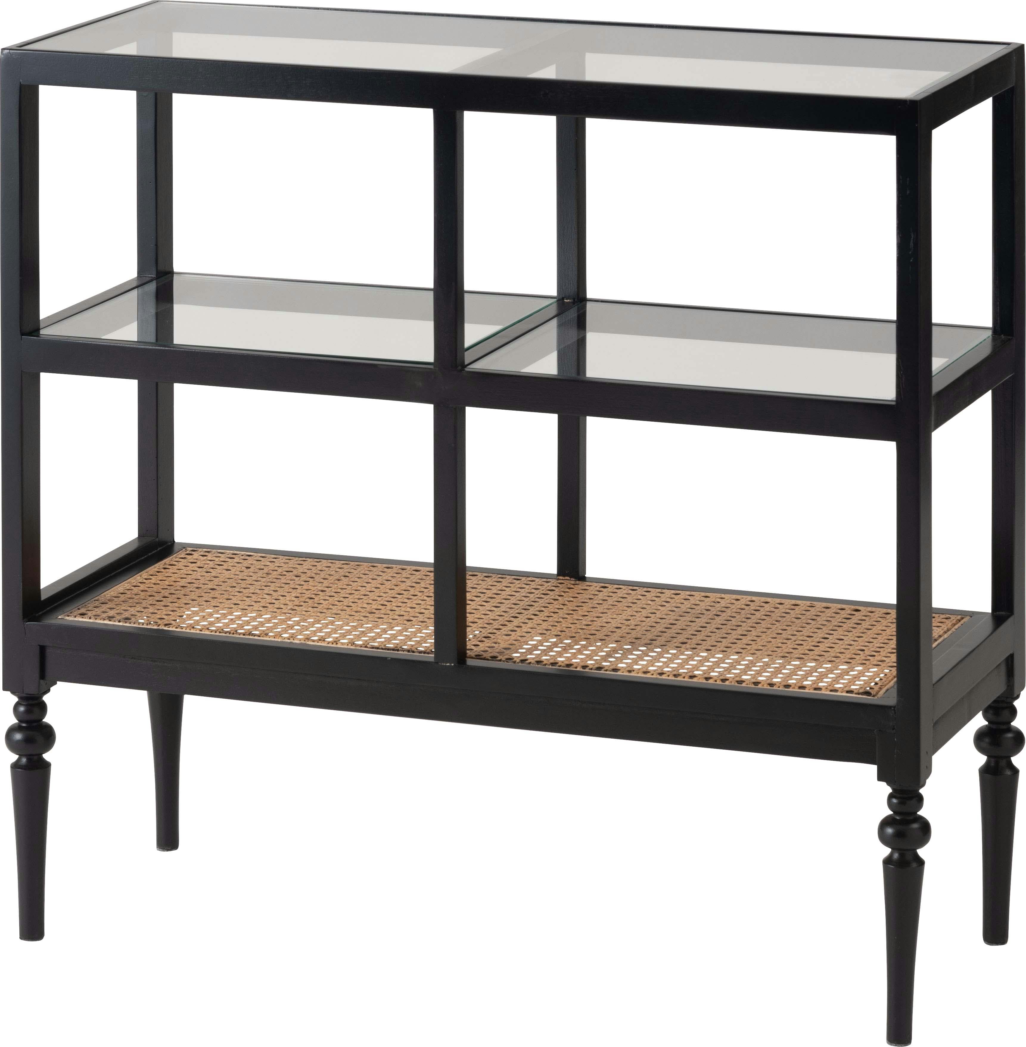 オープンシェルフ　／色：ブラック　／　幅80×奥行30×高さ75cm　／　収納 棚 シェルフ オープン収納 3段 三段 見せる収納 魅せる収納 木製 天然木 ミンディ ラタン 籐 幅80cm 高さ75cm ガラス クリア 透明 ターンドレッグ ろくろ脚　完成品 【送料込み】