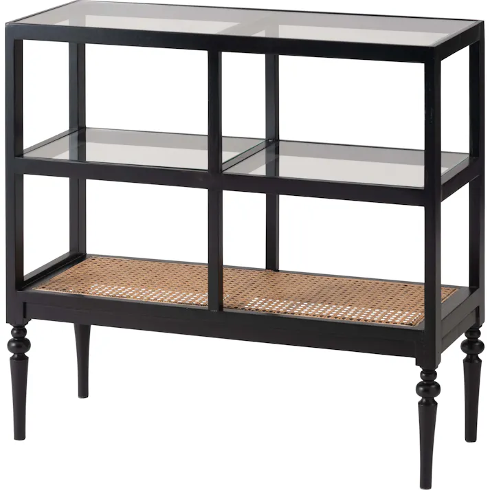 オープンシェルフ /色:ブラック / 幅80×奥行30×高さ75cm / 収納 棚 シェルフ オープン収納 3段 三段 見せる収納 魅せる収納 木製 天然木 ミンディ ラタン 籐 幅80cm 高さ75cm ガラス クリア 透明 ターンドレッグ ろくろ脚 完成品 【送料込み】