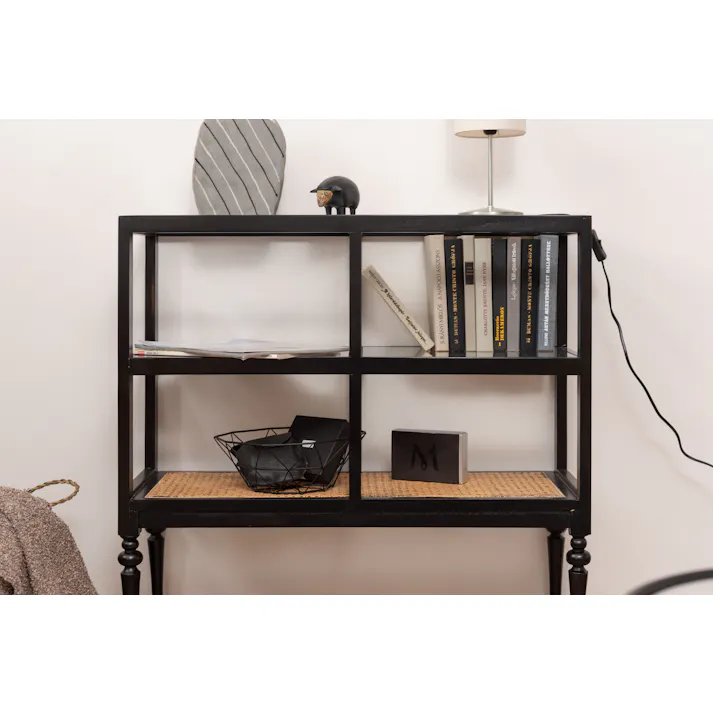 オープンシェルフ /色:ブラック / 幅80×奥行30×高さ75cm / 収納 棚 シェルフ オープン収納 3段 三段 見せる収納 魅せる収納 木製 天然木 ミンディ ラタン 籐 幅80cm 高さ75cm ガラス クリア 透明 ターンドレッグ ろくろ脚 完成品 【送料込み】