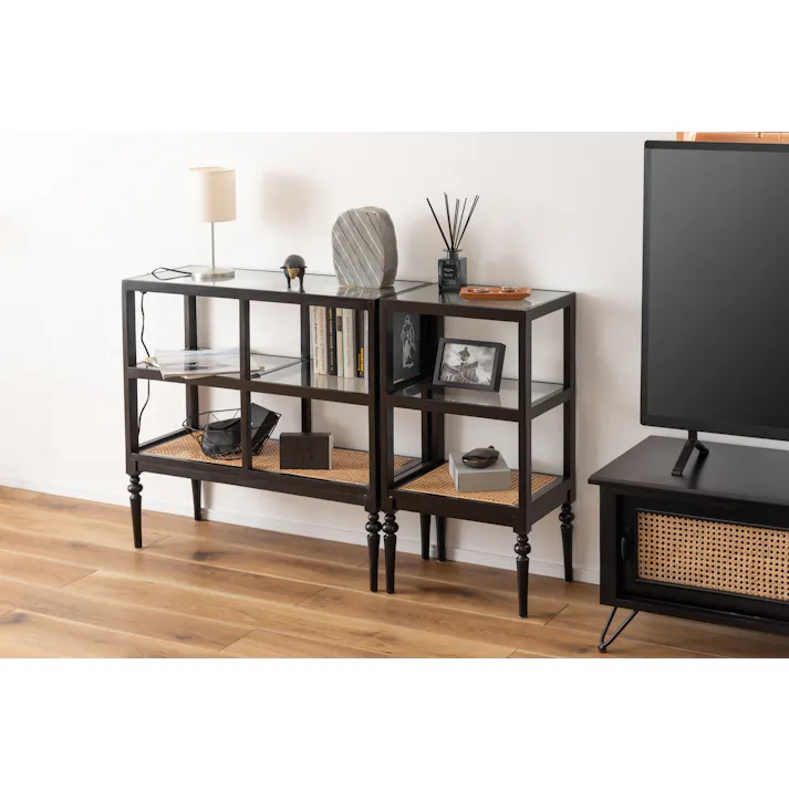 オープンシェルフ /色:ブラック / 幅80×奥行30×高さ75cm / 収納 棚 シェルフ オープン収納 3段 三段 見せる収納 魅せる収納 木製 天然木 ミンディ ラタン 籐 幅80cm 高さ75cm ガラス クリア 透明 ターンドレッグ ろくろ脚 完成品 【送料込み】