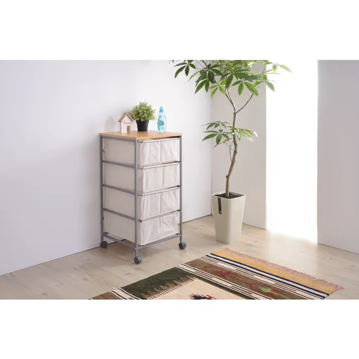 キャンバスチェスト4段 /色:ベージュ / 幅43×奥行44×高さ84cm / キャンバス生地 リビング 収納 スリム おしゃれ キャスター付き 衣装ケース ウッドトップ 布 ランドセルラック 衣類収納 洋服 キャンバス生地 脱衣所 組立式 【送料込み】