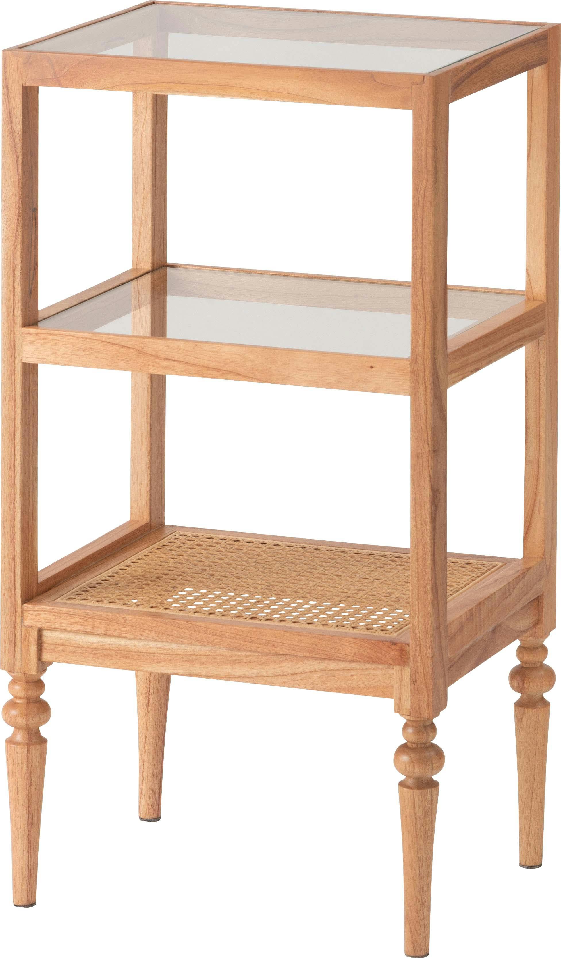 オープンシェルフ　／色：ナチュラル　／　幅40×奥行30×高さ75cm　／　収納 棚 シェルフ オープン収納 3段 三段 見せる収納 魅せる収納 木製 天然木 ミンディ ラタン 籐 幅40cm 高さ75cm ガラス クリア 透明 ターンドレッグ ろくろ脚 　完成品 【送料込み】