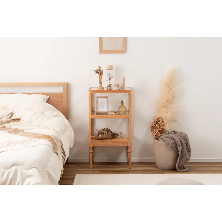 オープンシェルフ /色:ナチュラル / 幅40×奥行30×高さ75cm / 収納 棚 シェルフ オープン収納 3段 三段 見せる収納 魅せる収納 木製 天然木 ミンディ ラタン 籐 幅40cm 高さ75cm ガラス クリア 透明 ターンドレッグ ろくろ脚 完成品 【送料込み】