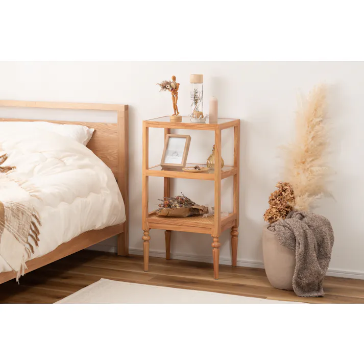 オープンシェルフ /色:ナチュラル / 幅40×奥行30×高さ75cm / 収納 棚 シェルフ オープン収納 3段 三段 見せる収納 魅せる収納 木製 天然木 ミンディ ラタン 籐 幅40cm 高さ75cm ガラス クリア 透明 ターンドレッグ ろくろ脚 完成品 【送料込み】