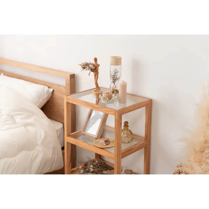 オープンシェルフ /色:ナチュラル / 幅40×奥行30×高さ75cm / 収納 棚 シェルフ オープン収納 3段 三段 見せる収納 魅せる収納 木製 天然木 ミンディ ラタン 籐 幅40cm 高さ75cm ガラス クリア 透明 ターンドレッグ ろくろ脚 完成品 【送料込み】