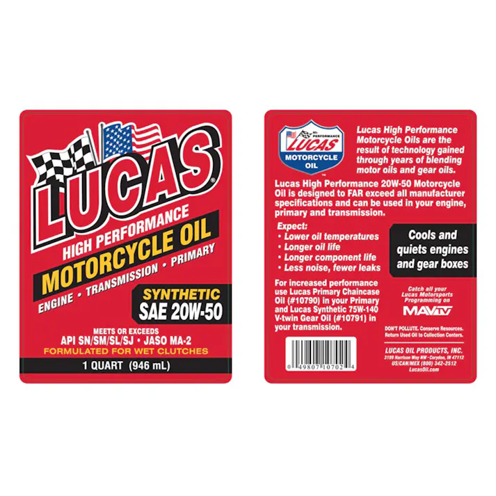 ルーカス(LUCAS) エンジンオイル SAE 20W-50 946ml (100%科学合成) 6本セット バイク用 プレミアム JASO MA-2 & API 規格適合 熱ダレ防止・長寿命・静粛性向上 #10702
