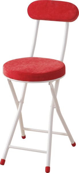 ロンダ チェア／色：レッド　／　幅30×奥行47×高さ74×座面高47cm　／　スツール クッション 隙間収納 いす パソコンチェア 丸イス 丸椅子 フォールディングチェア 背もたれクッション付 折りたたみ式 北欧 腰掛け ダイニングチェア　完成品 【送料込み】