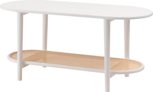 リビングテーブル／色：ホワイト　／　幅100×奥行43×高さ46cm　／　センターテーブル 飾り棚 楕円 丸 ラタン 二段 2段 北欧 韓国インテリア シンプル ナチュラル 寝室 ソファーサイド　組立式 【送料込み】