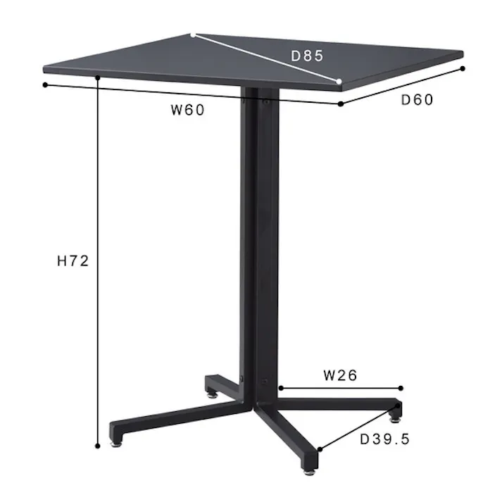 テーブル スクエア/色:ブラック / 幅60×奥行60×高さ73cm / カフェテーブル 丸型 サークル 丸 ダイニングテーブル オフィス アジャスター付き スチール スタイリッシュ シンプル 組立式 【送料込み】