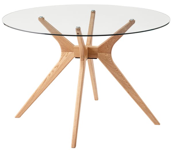 ラウンドガラステーブル／色：ナチュラル　／　幅110×奥行110×高さ72cm　／　ダイニング 丸 円形 カフェ 食卓 円卓 スタイリッシュ おしゃれ 北欧 シンプル ガラス 天然木 シック モダン かっこいい デザイン　組立式 【送料込み】
