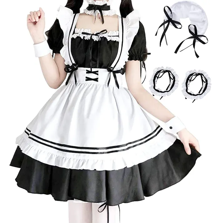 メイド服 セクシー コスプレ 衣装 ロリータ レディース メイド 服 ゴスロリ 萌え コスプレ 衣装 フリル ロリータ かわいい カチューシャ 付き 6点 セット 清楚 可憐 レディース