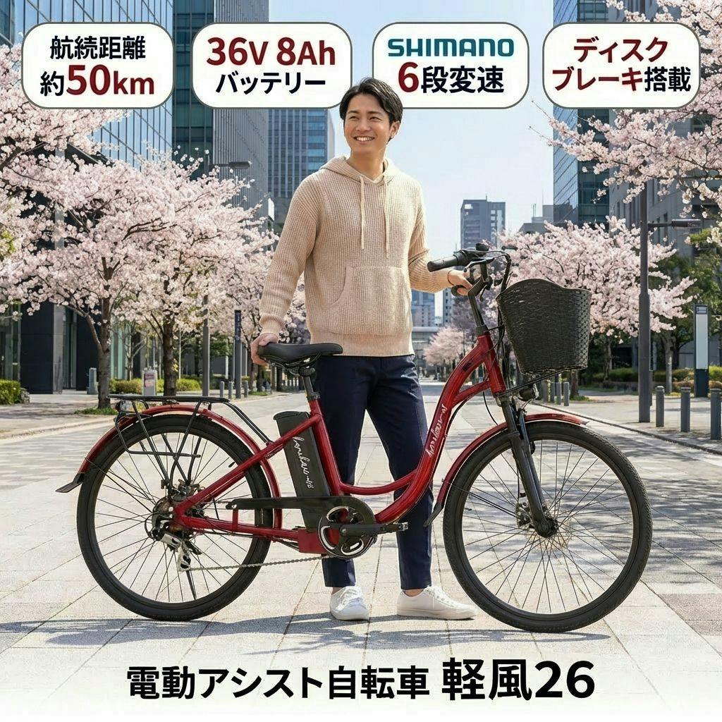 電動アシスト自転車 26インチ 買い物に便利 坂道もラク 前カゴ付き