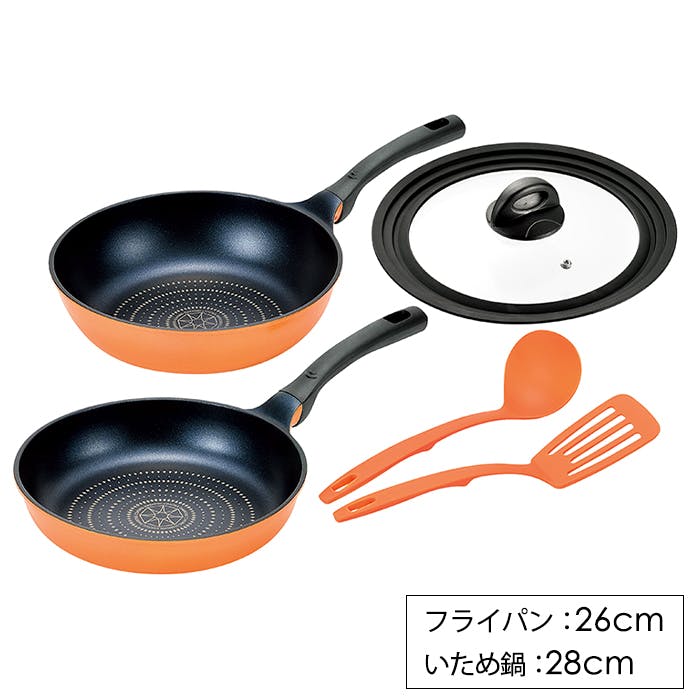 フライパン 26cm 炒め鍋 28cm お玉 ターナー 兼用ガラス蓋 セット ガス火専用 フッ素加工 軽量