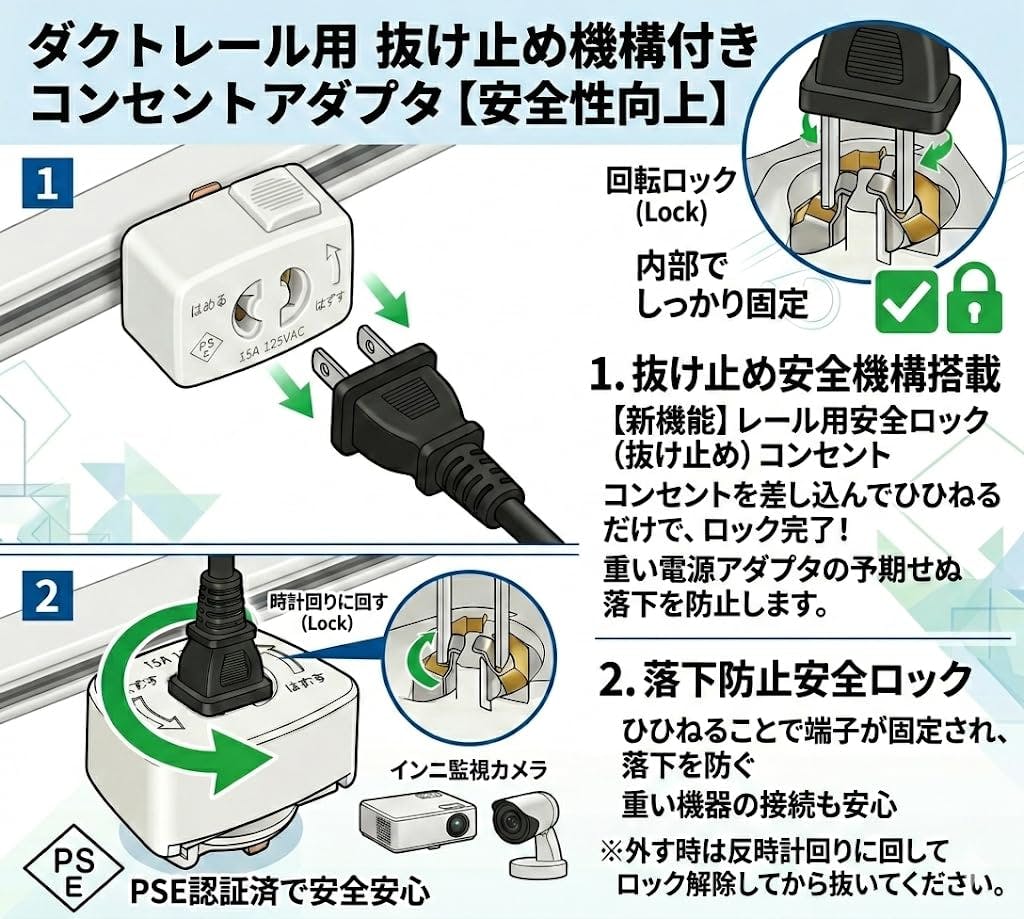 3個入り】KOZUMUWAN ライティングレール用抜止コンセント 配線ダクト