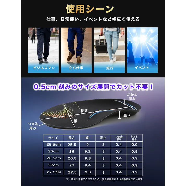 【期間限定セール10%OFF】インソール 立ち仕事 【理学療法士監修】疲労軽減サポート 衝撃吸収GEL搭載 疲れにくい メンズ 中敷き 土踏まず かかと 体圧分散 軽量 カット不要 日本企業 26cm