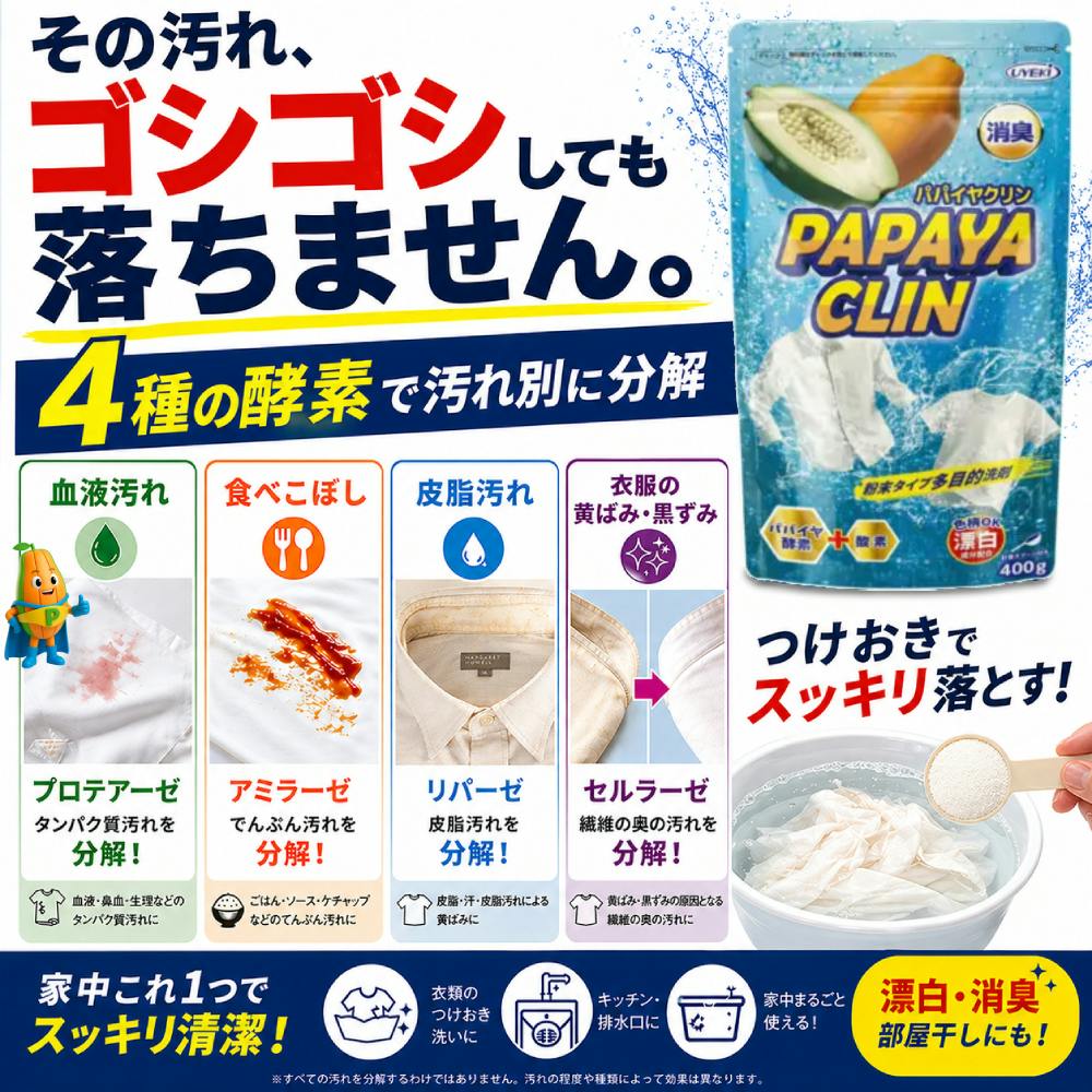【パパイヤクリン 粉末洗浄剤 400g お得な2個セット】 ちあふる ゴシゴシ不要 ほったらかし これ1つで 4種の酵素で汚れ別に分解 多目的洗剤 血液 皮脂 食べこぼし つけおき洗い 衣類 キッチン 排水口 酸素系 油汚れ 消臭 部屋干し対策 洗濯槽 シンク JAN:4968909033511