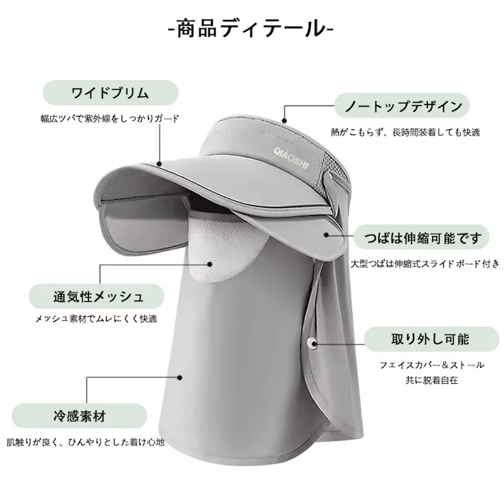 UVカット 帽子 サンシェード フェイスカバー付き 日焼け対策 つば広 花粉対策 ハット レディース サンバイザー サイズ調節 小顔効果 フェイスカバー 折りたたみ 持ち運び便利 丸洗い可 吸汗速乾 農作業 園芸 アウトドア グレー
