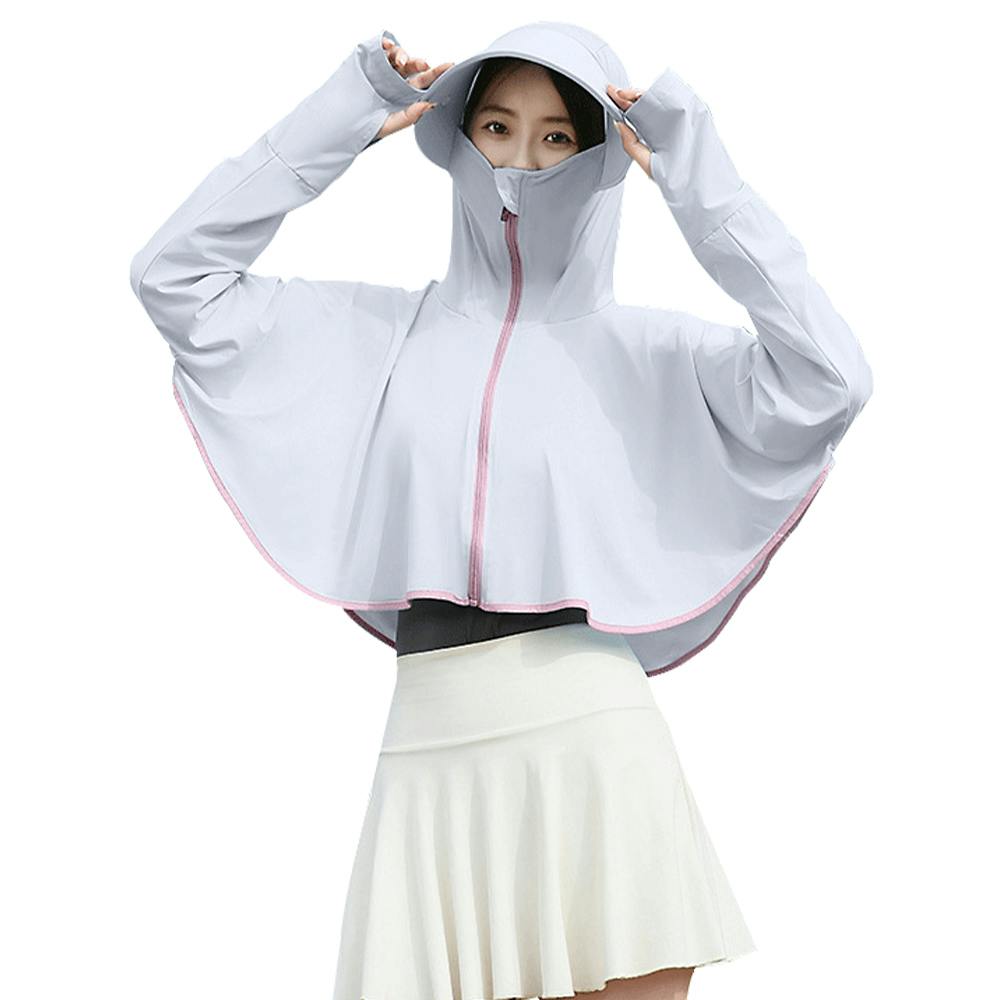 UVカット パーカー ショート ポンチョ UV 冷感 UPF50+ レディース 長袖 ショート丈 ラッシュガード マスク 指穴 手袋 つば バイザー サンバイザー トップス アウター フード付き 薄手 吸汗 速乾 紫外線対策 熱中症対策 グレー