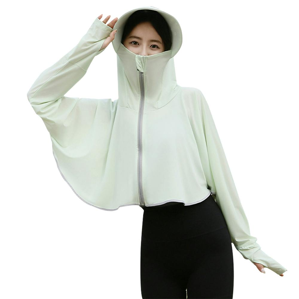 UVカット パーカー ショート ポンチョ UV 冷感 UPF50+ レディース 長袖 ショート丈 ラッシュガード マスク 指穴 手袋 つば バイザー サンバイザー トップス アウター フード付き 薄手 吸汗 速乾 紫外線対策 熱中症対策 グリーン