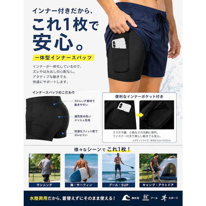 【夏物売り切りSALE!2980円→1980円】【夏・海・レジャーに】【送料無料最短翌日出荷】水着 メンズ 吸汗速乾 サーフパンツ 水陸両用 海パン ハーフパンツ ブルー/L