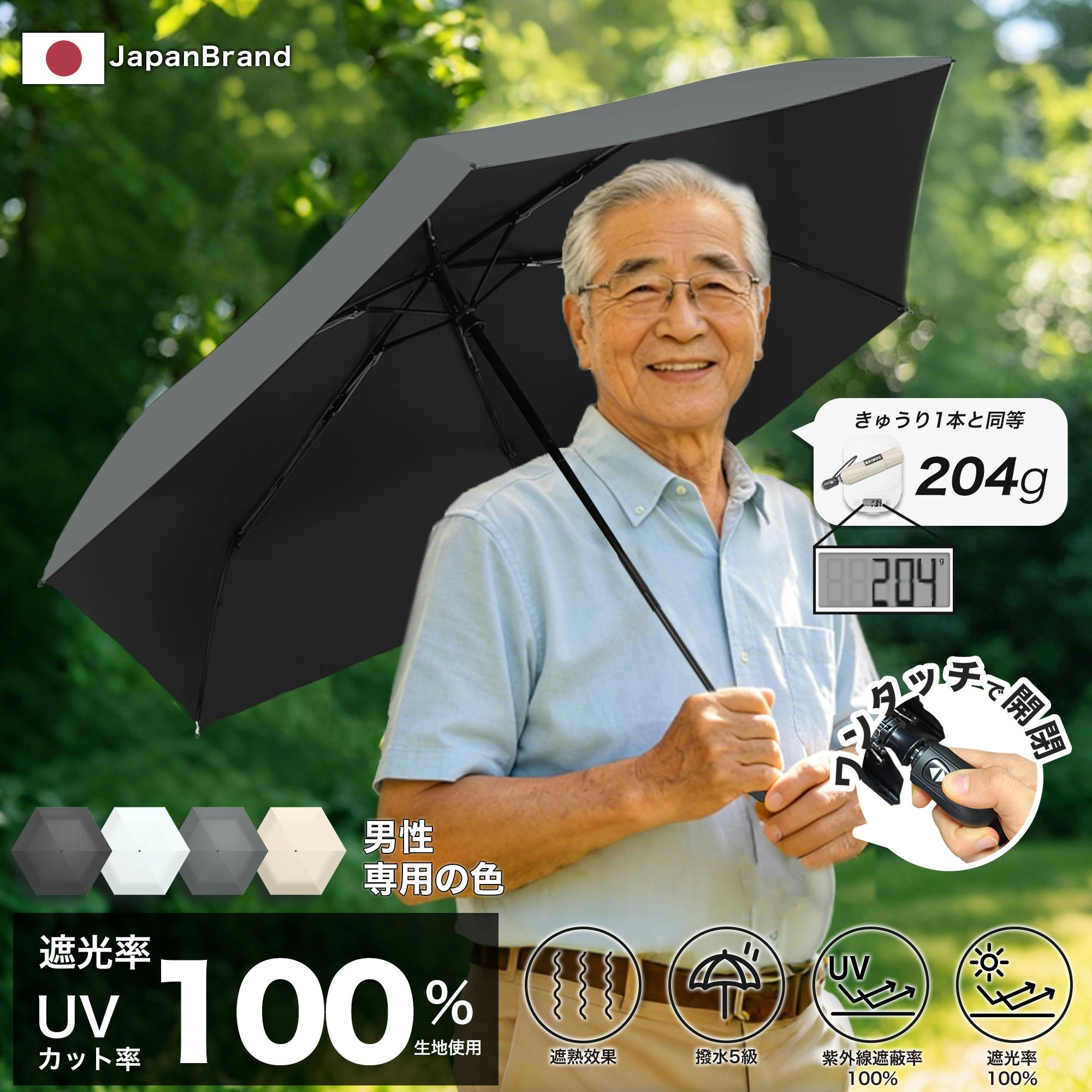 日傘 自動開閉 折りたたみ 完全遮光 晴雨兼用 折り畳み日傘 コンパクト日傘 コンパクト折り畳み傘 ワンタッチ折りたたみ傘 レディース メンズ ワンタッチ日傘 UVカット100% 軽量 204g ワンタッチ コンパクト 遮光率100％ 丈夫 6本骨 遮熱 遮蔽率100％ グレー