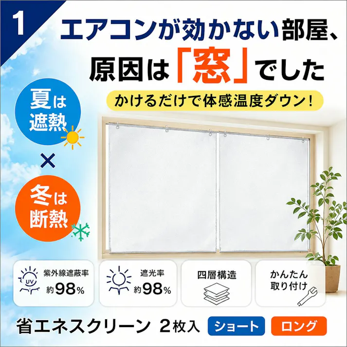 【省エネスクリーン ロング (2枚入) <お得な3個セット>】 ちあふる 断熱 遮光 UVカット 窓用 サンシェード 冷気対策 目隠し 夏 冬 節電 JAN:4571381554568