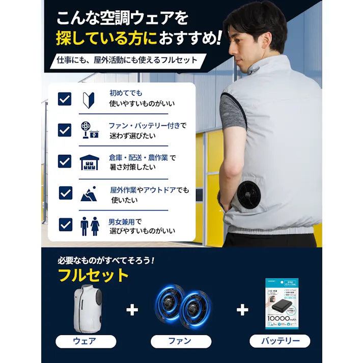 【夏の暑さ対策セール!】【送料無料!最短翌日発送!】空調作業服 ファン付きベスト 男女兼用 【夏の作業効率向上】すぐ使えるフルセット バッテリー付き 静音ファン 撥っ水 吸汗速乾 法人導入実績 LL ネイビー